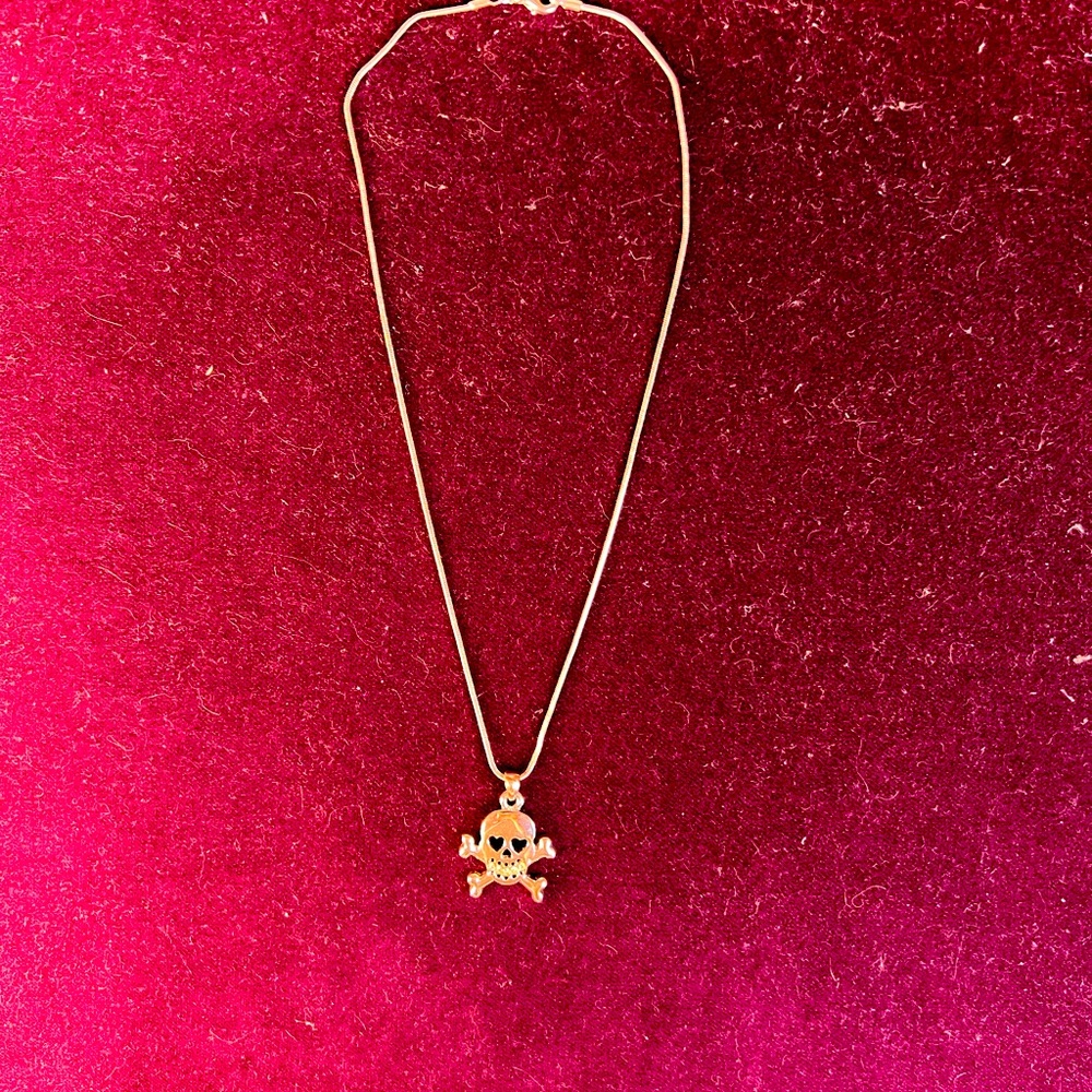 Silvertone necklace with rhinestone skull pendant